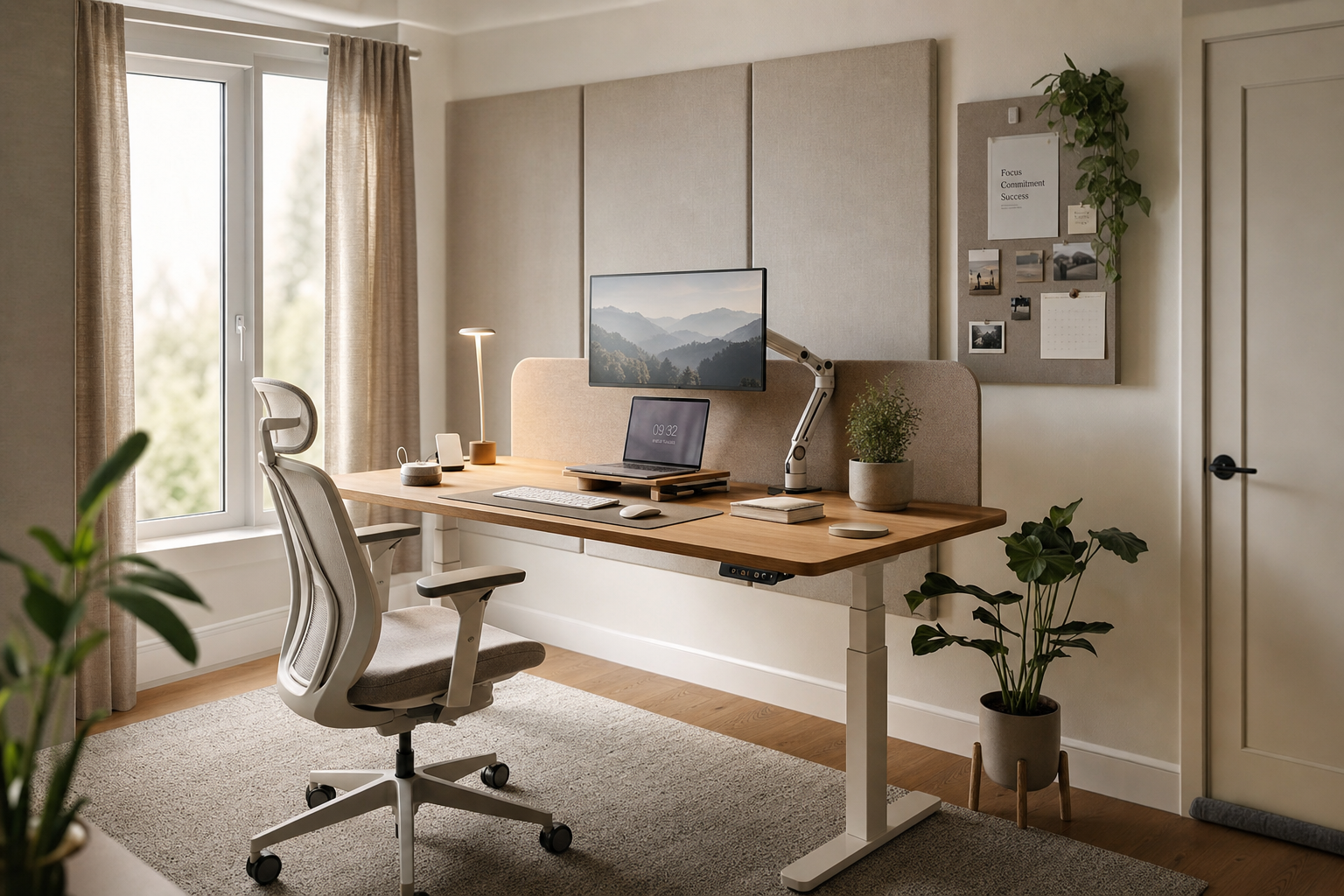Ergonomische stiltewerkplek met akoestische panelen
