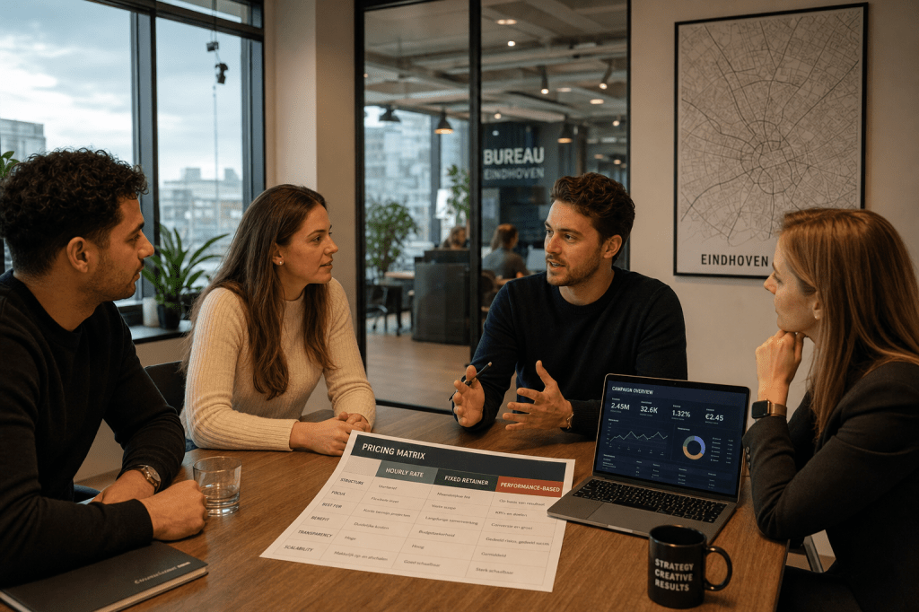 Wat kost een marketingbureau in Eindhoven gemiddeld en welke factoren bepalen de prijs (uurtarief, vaste fee of performance-based)?